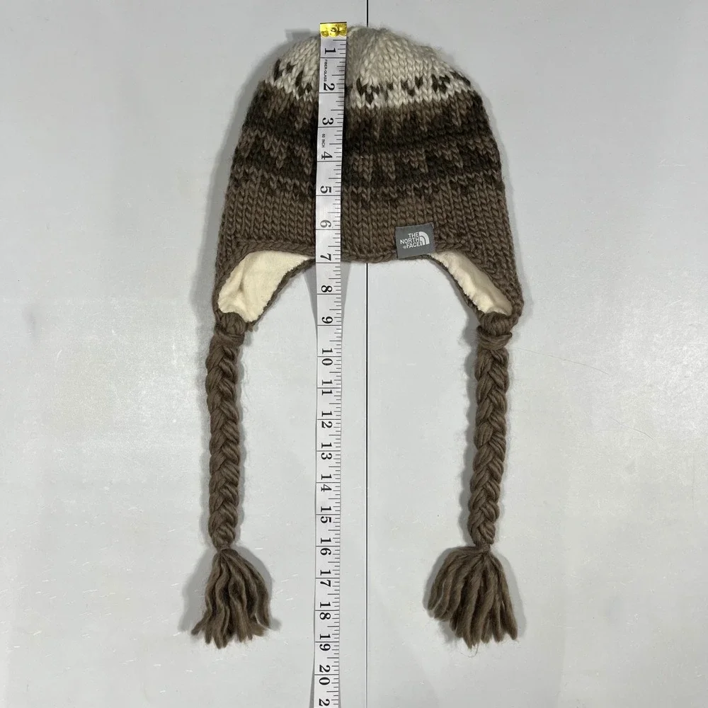 North Face Gorpcore Brown Wool Fair Isle Knit Trapper Beanie Hat Fleece Unisex
